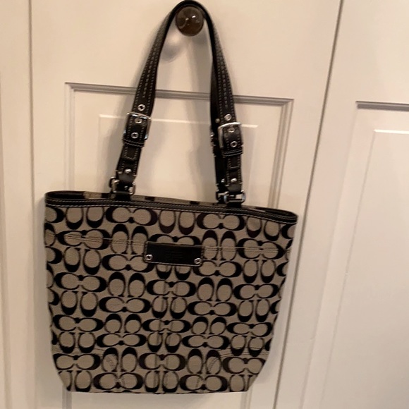 Coach vtg satchel style, black/gray w/ outer pocket, blk leather handles - Picture 2 of 10